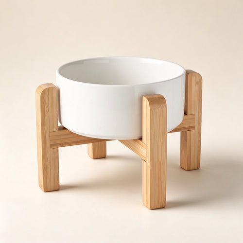 Elevated Ceramic Pet Bowl with Bamboo Stand