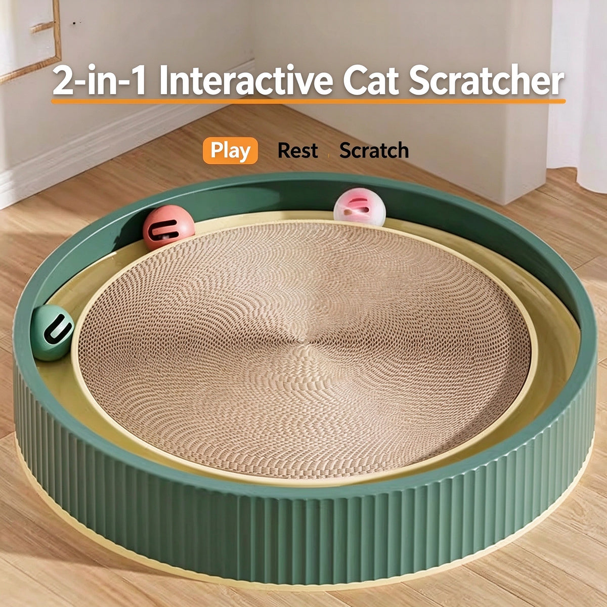 3-in-1 Round Cat Scratcher Bed with Interactive Bell Balls